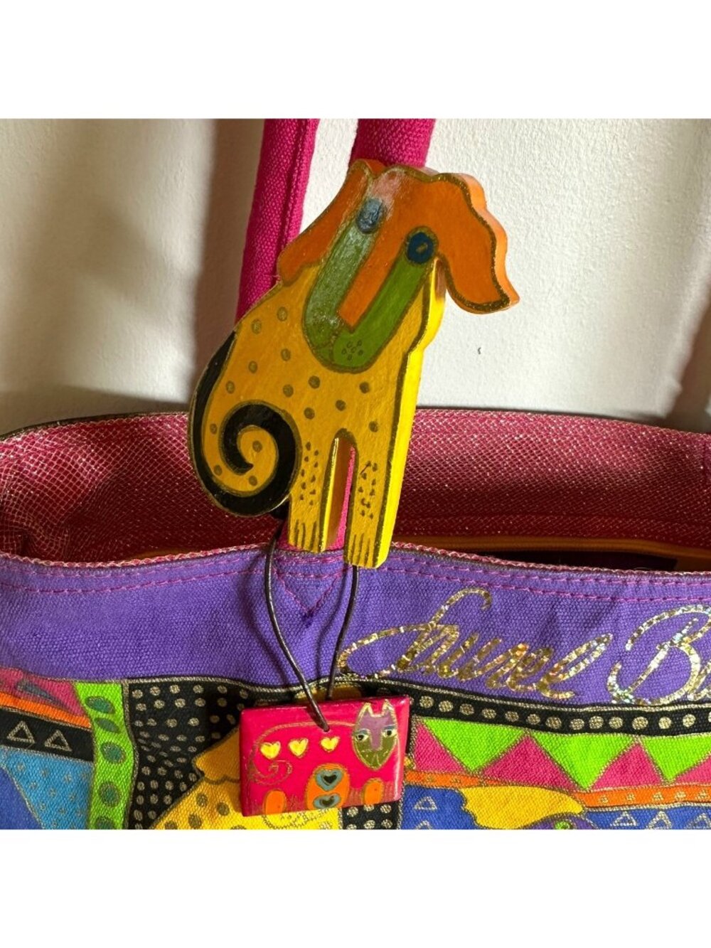 Laurel Burch Colorful Dog Canvas Tote Bag Large Zip Top Shoulder Bag w/ Charms - Picture 3 of 8